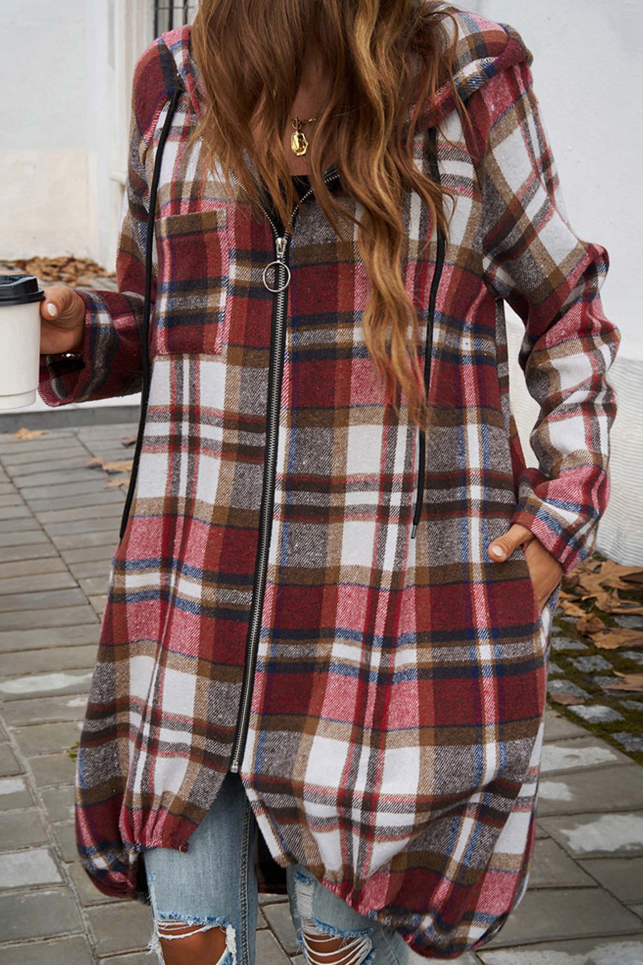 Carmen® | Mid-length hoodie with contrast check pattern and zip fastening