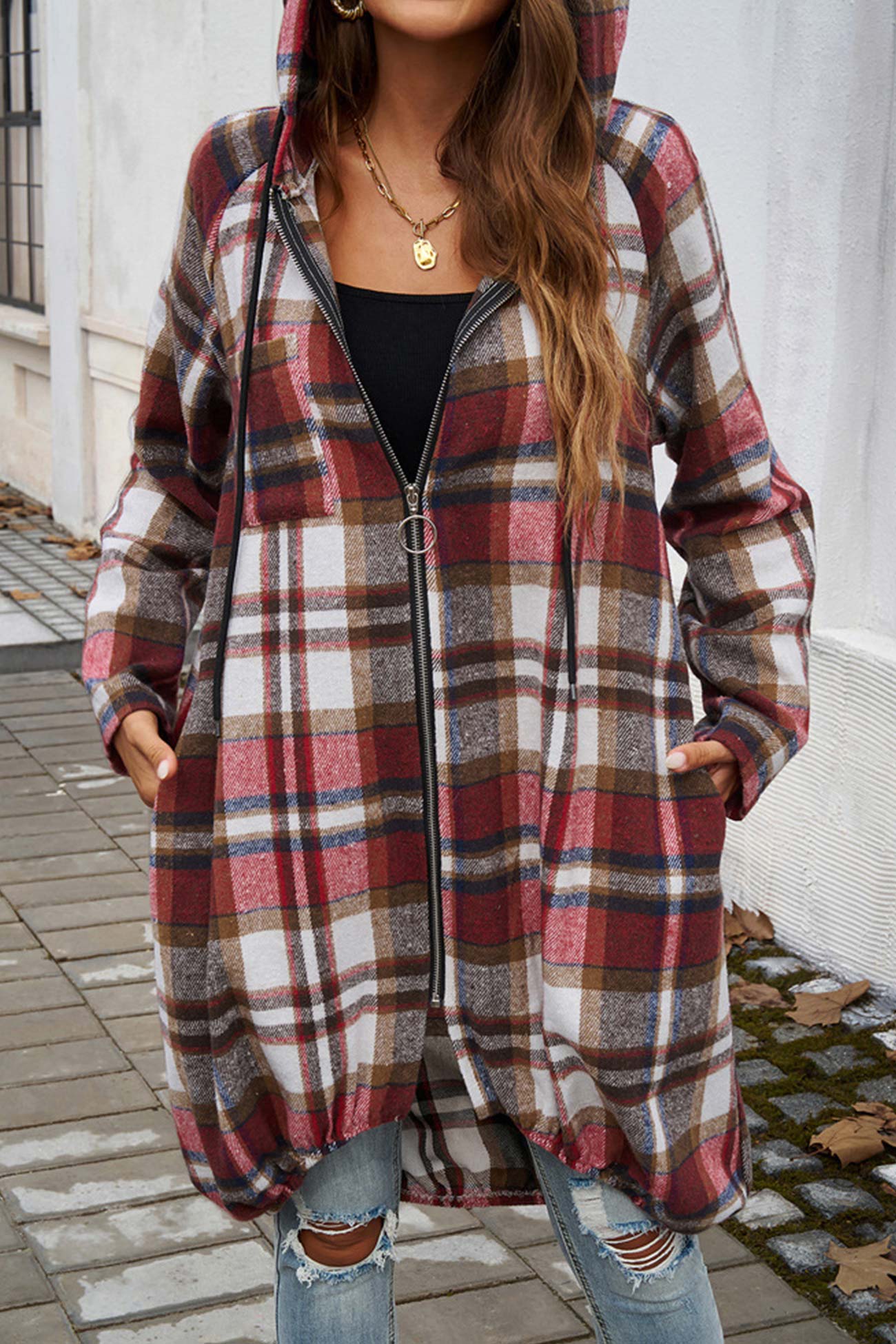 Carmen® | Mid-length hoodie with contrast check pattern and zip fastening