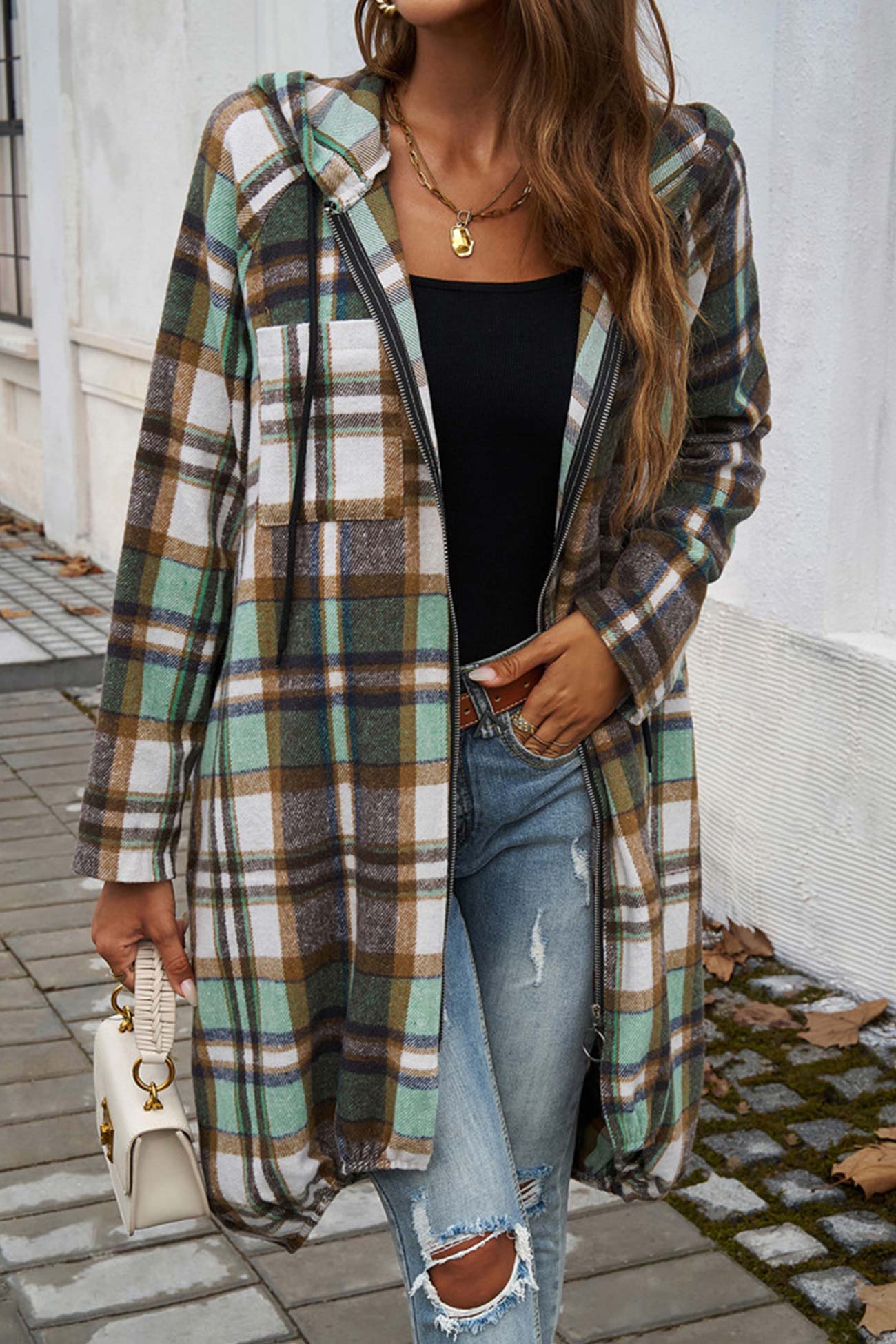 Carmen® | Mid-length hoodie with contrast check pattern and zip fastening