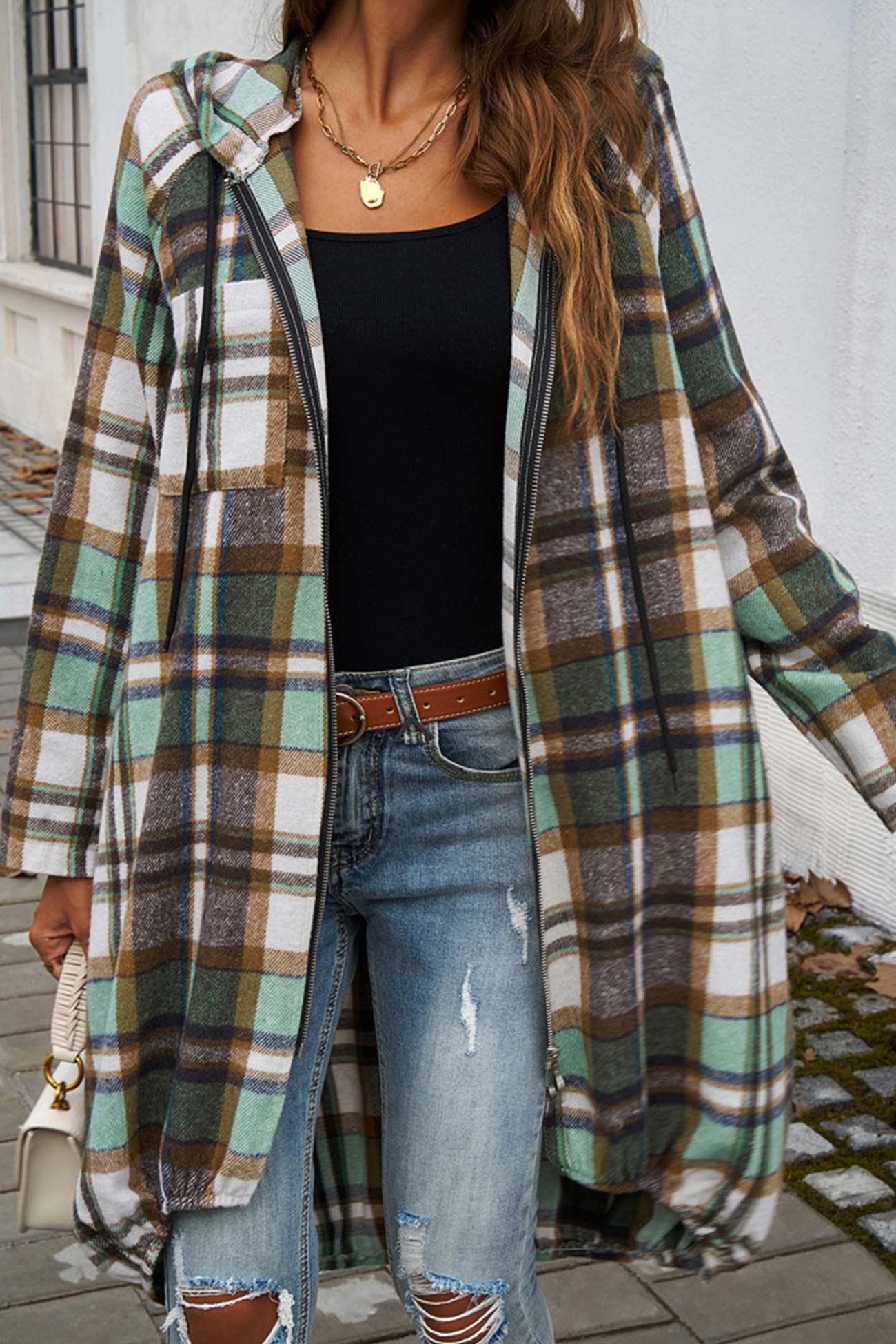 Carmen® | Mid-length hoodie with contrast check pattern and zip fastening