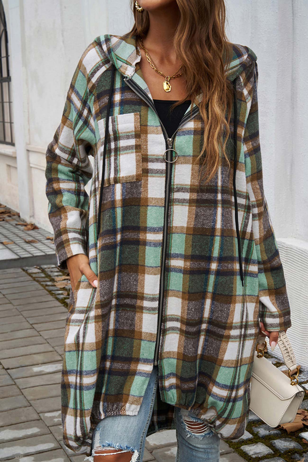 Carmen® | Mid-length hoodie with contrast check pattern and zip fastening