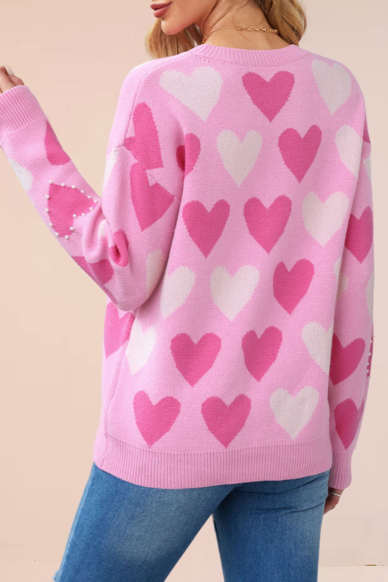 Ana® | Crew Neck Beaded Heart Pullover Knit Sweater