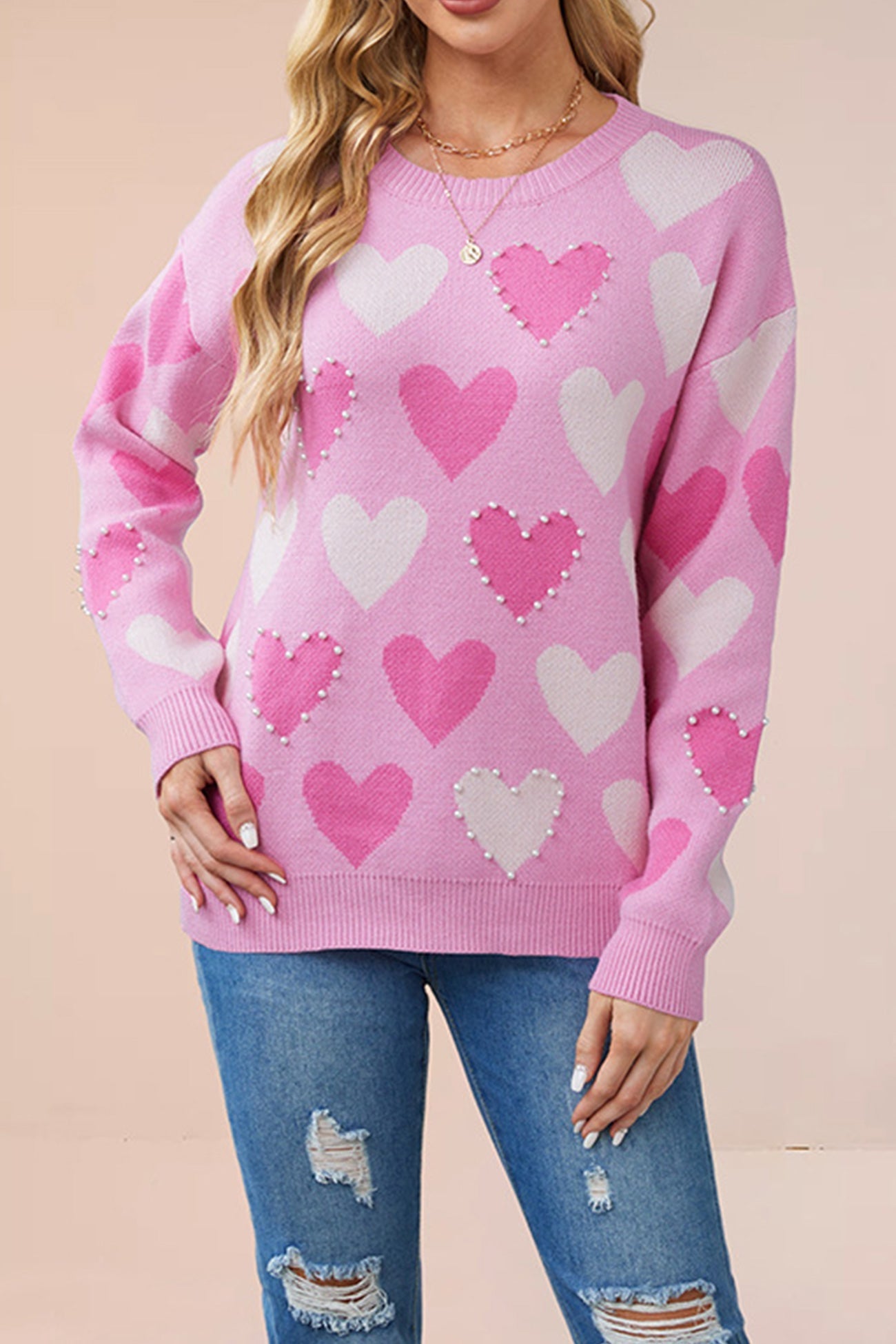 Ana® | Crew Neck Beaded Heart Pullover Knit Sweater