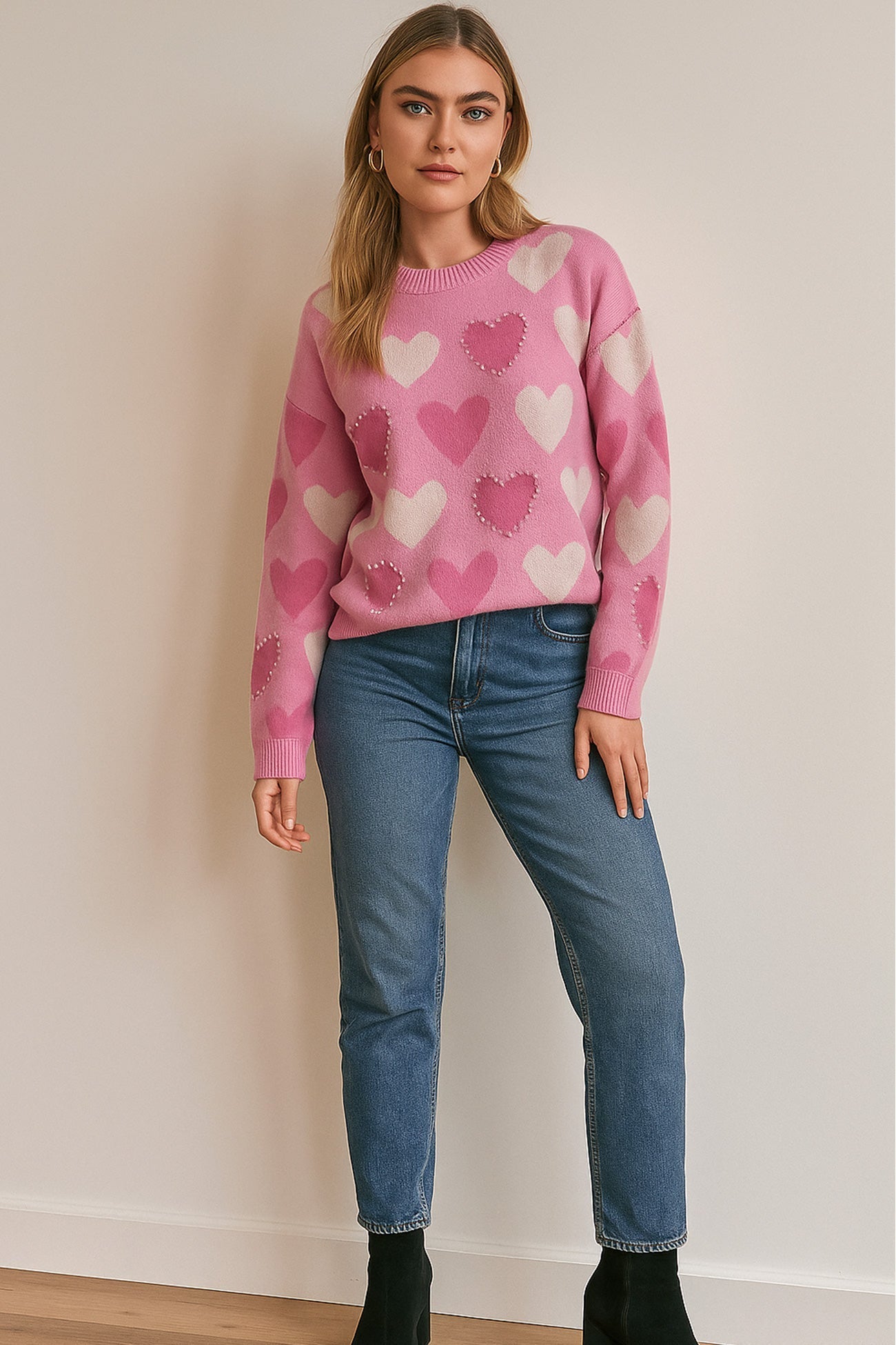 Ana® | Crew Neck Beaded Heart Pullover Knit Sweater