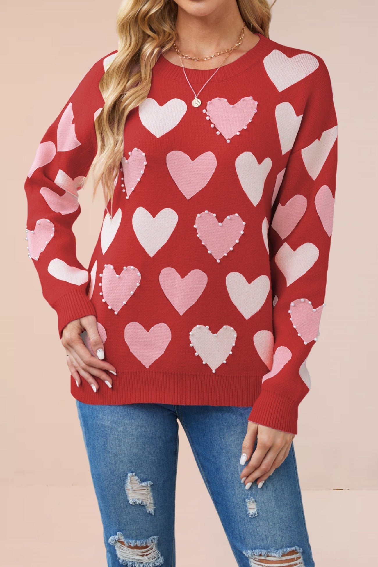 Ana® | Crew Neck Beaded Heart Pullover Knit Sweater