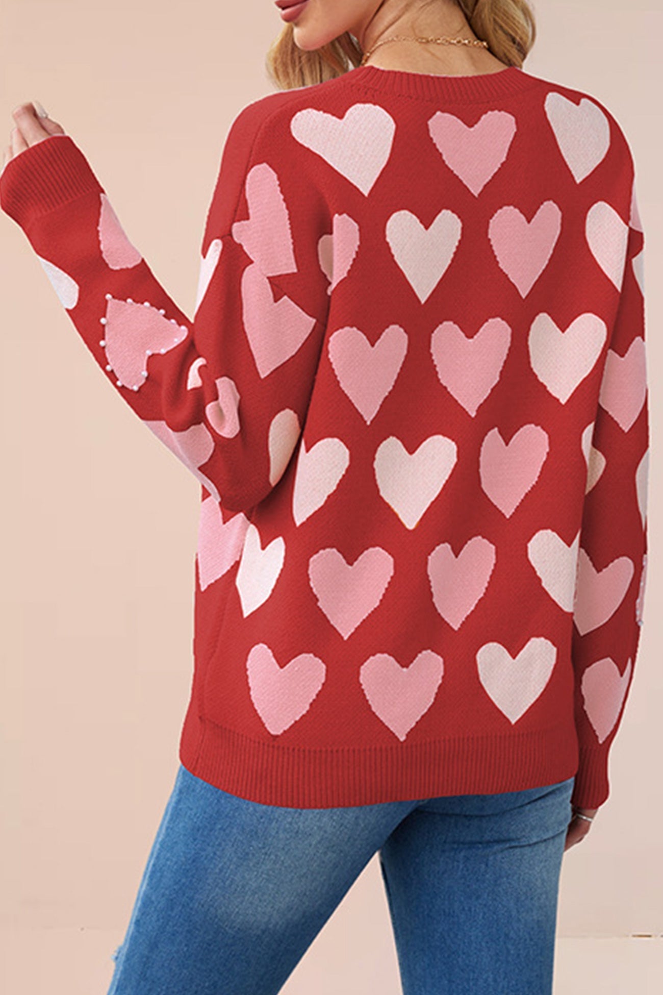 Ana® | Crew Neck Beaded Heart Pullover Knit Sweater