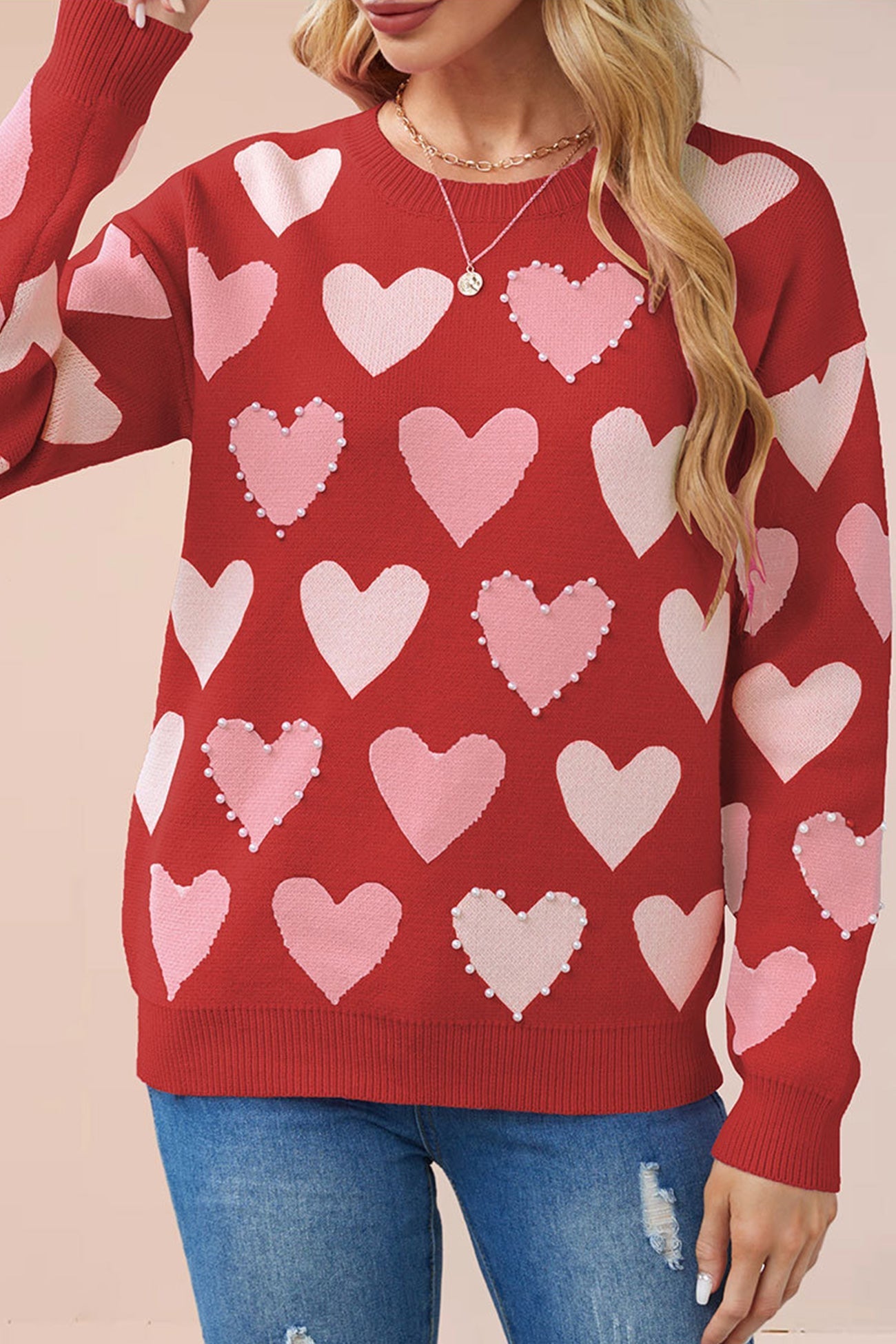 Ana® | Crew Neck Beaded Heart Pullover Knit Sweater