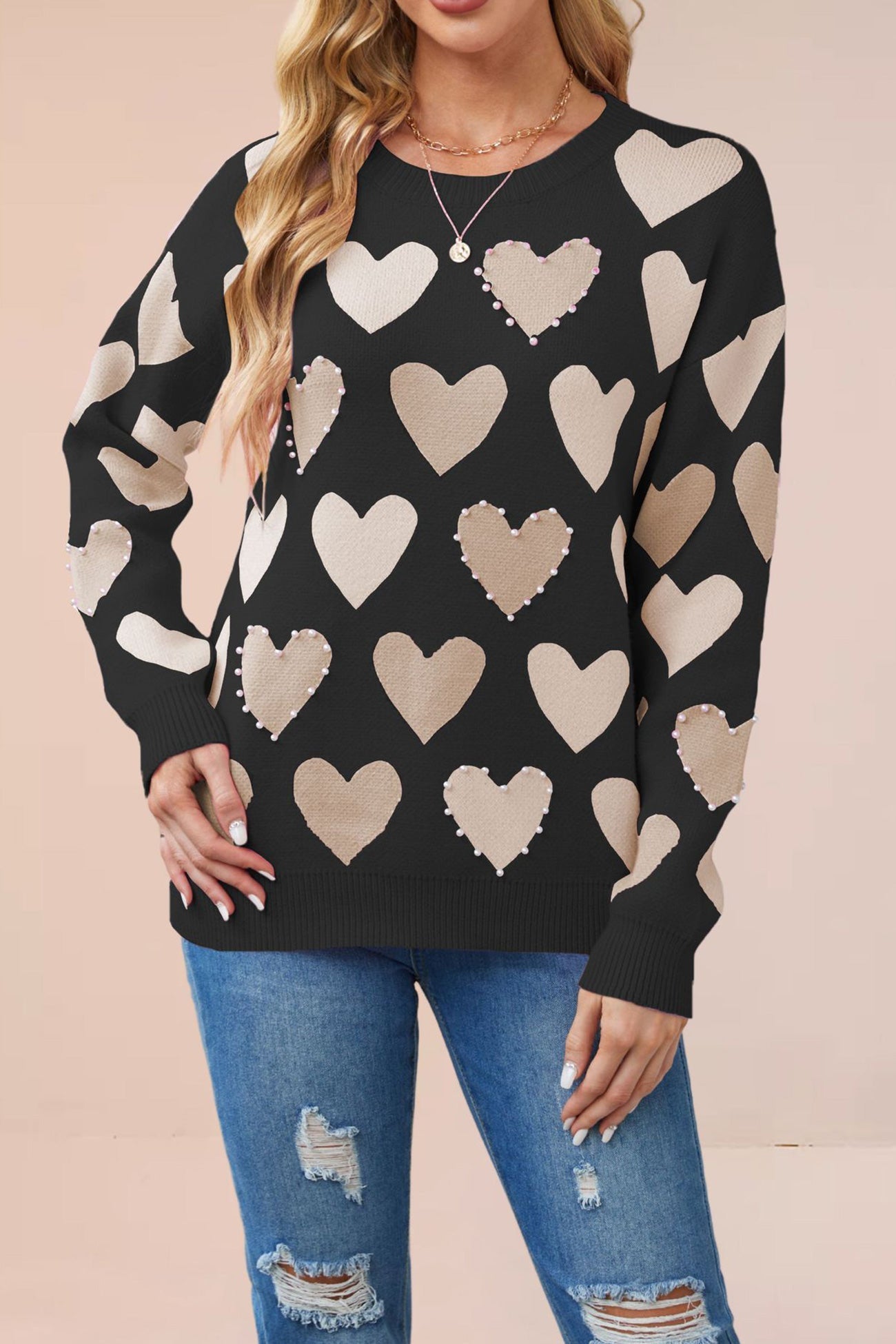 Ana® | Crew Neck Beaded Heart Pullover Knit Sweater