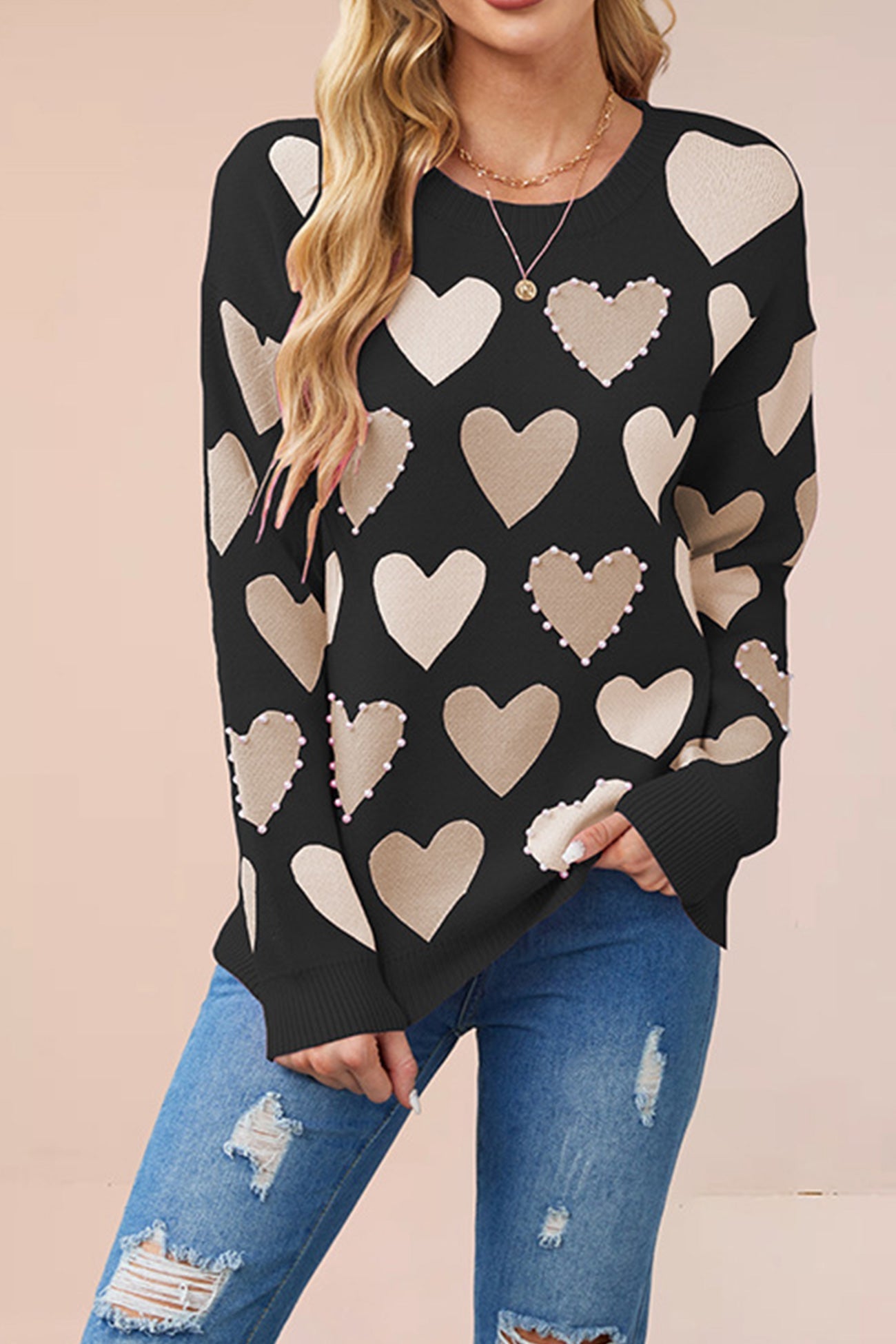 Ana® | Crew Neck Beaded Heart Pullover Knit Sweater