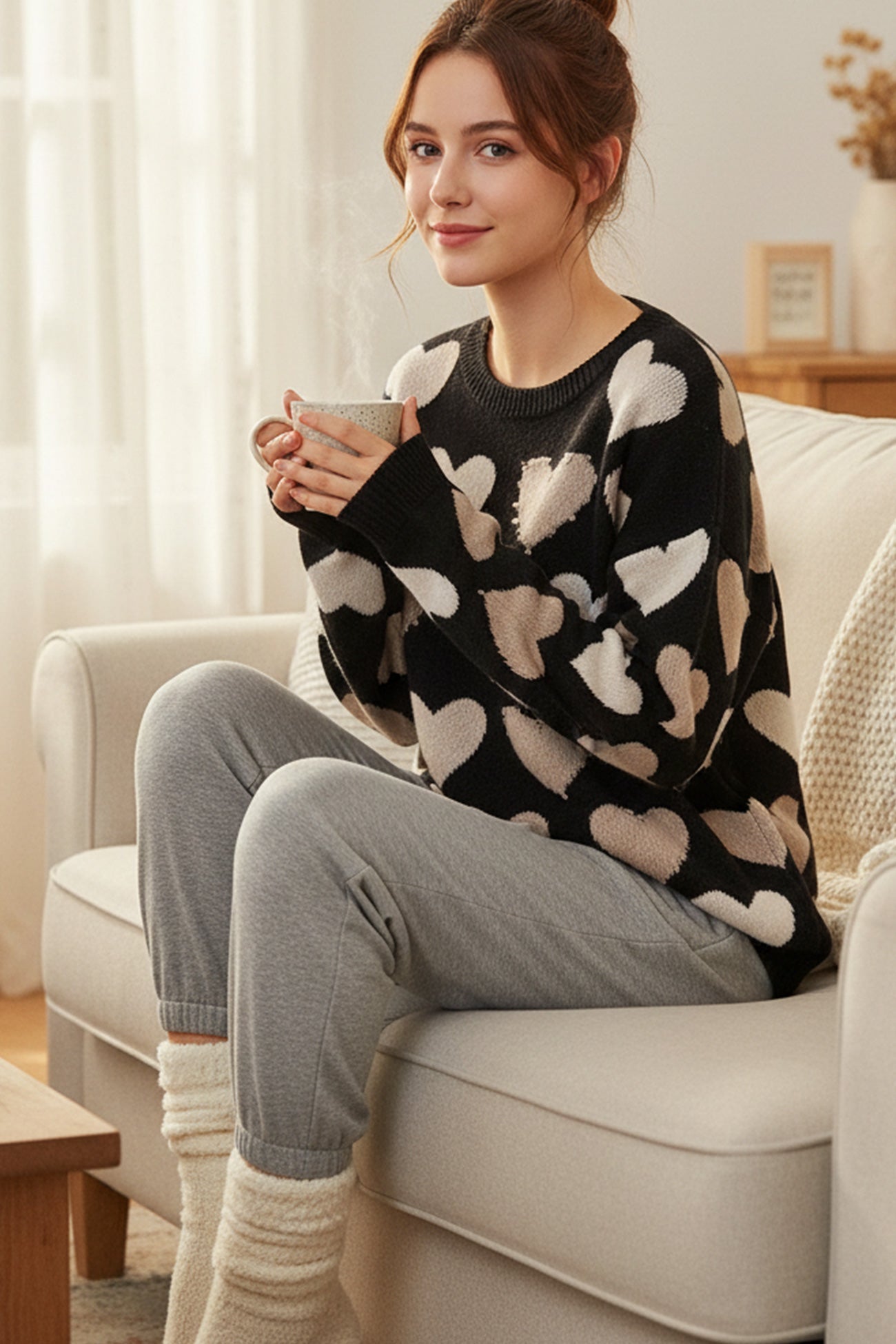 Ana® | Crew Neck Beaded Heart Pullover Knit Sweater