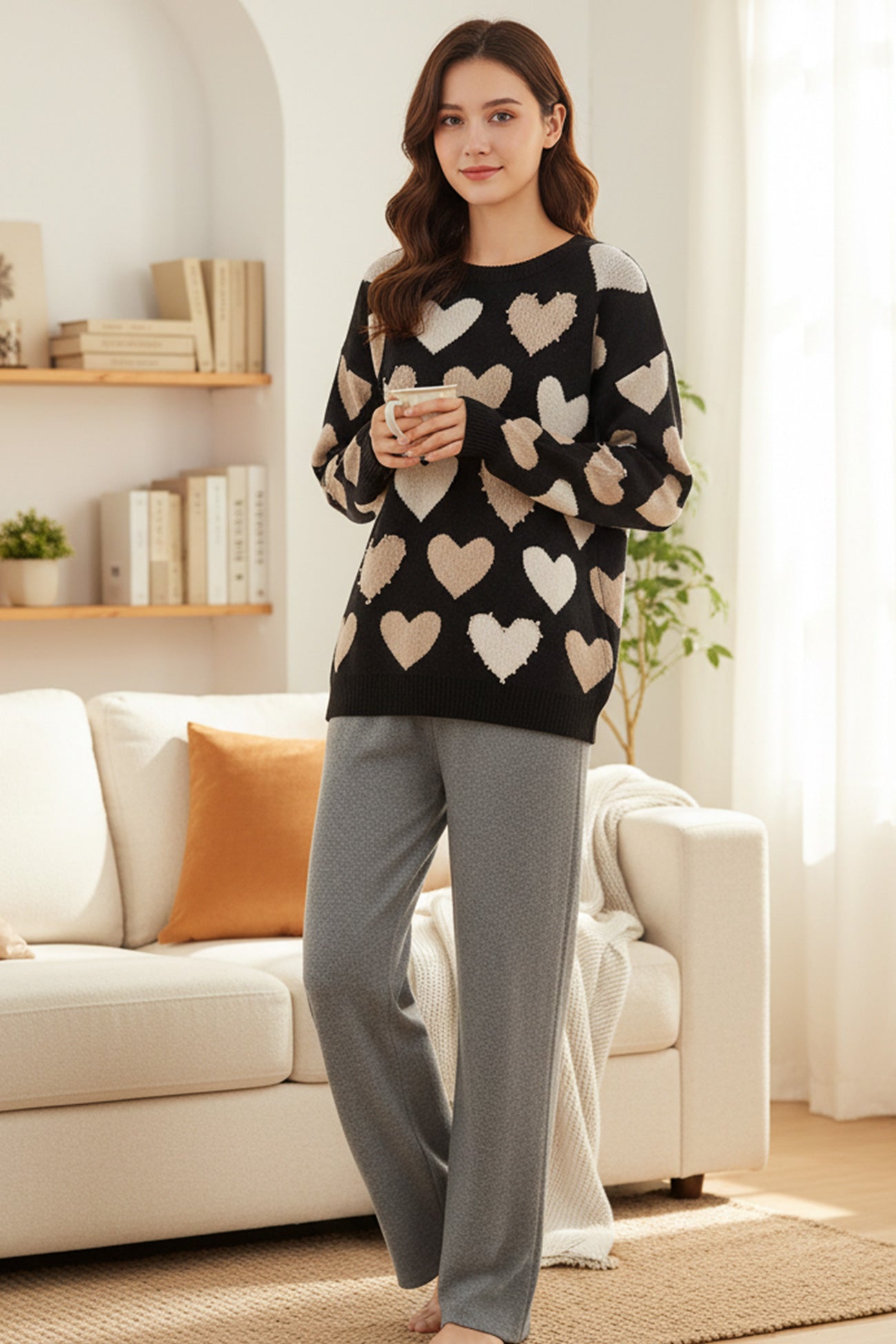 Ana® | Crew Neck Beaded Heart Pullover Knit Sweater