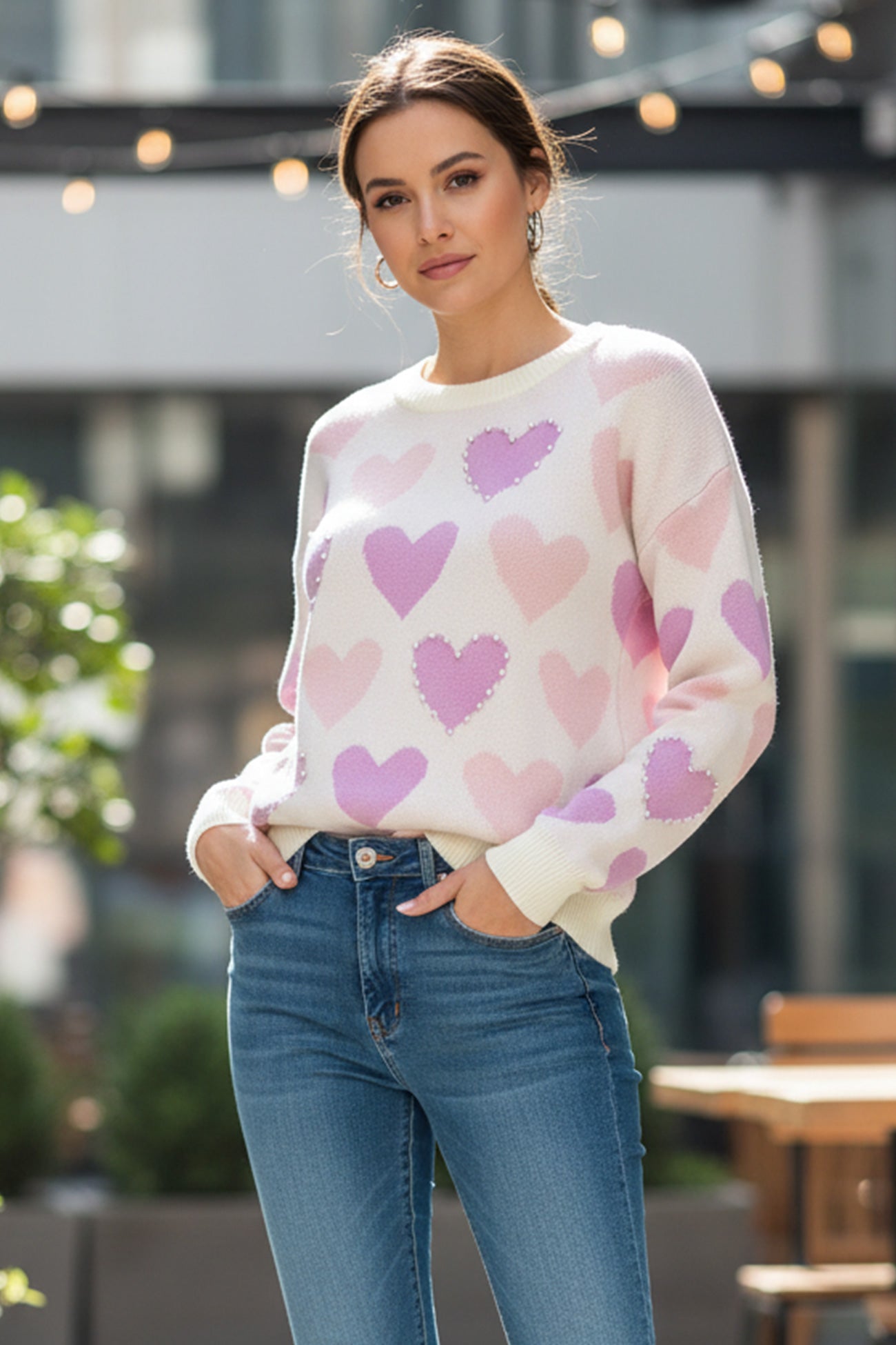 Ana® | Crew Neck Beaded Heart Pullover Knit Sweater