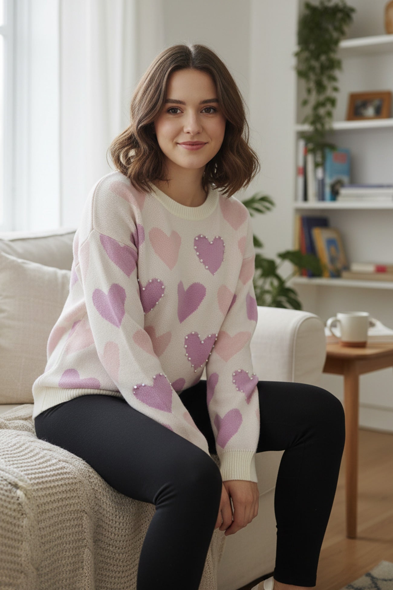 Ana® | Crew Neck Beaded Heart Pullover Knit Sweater