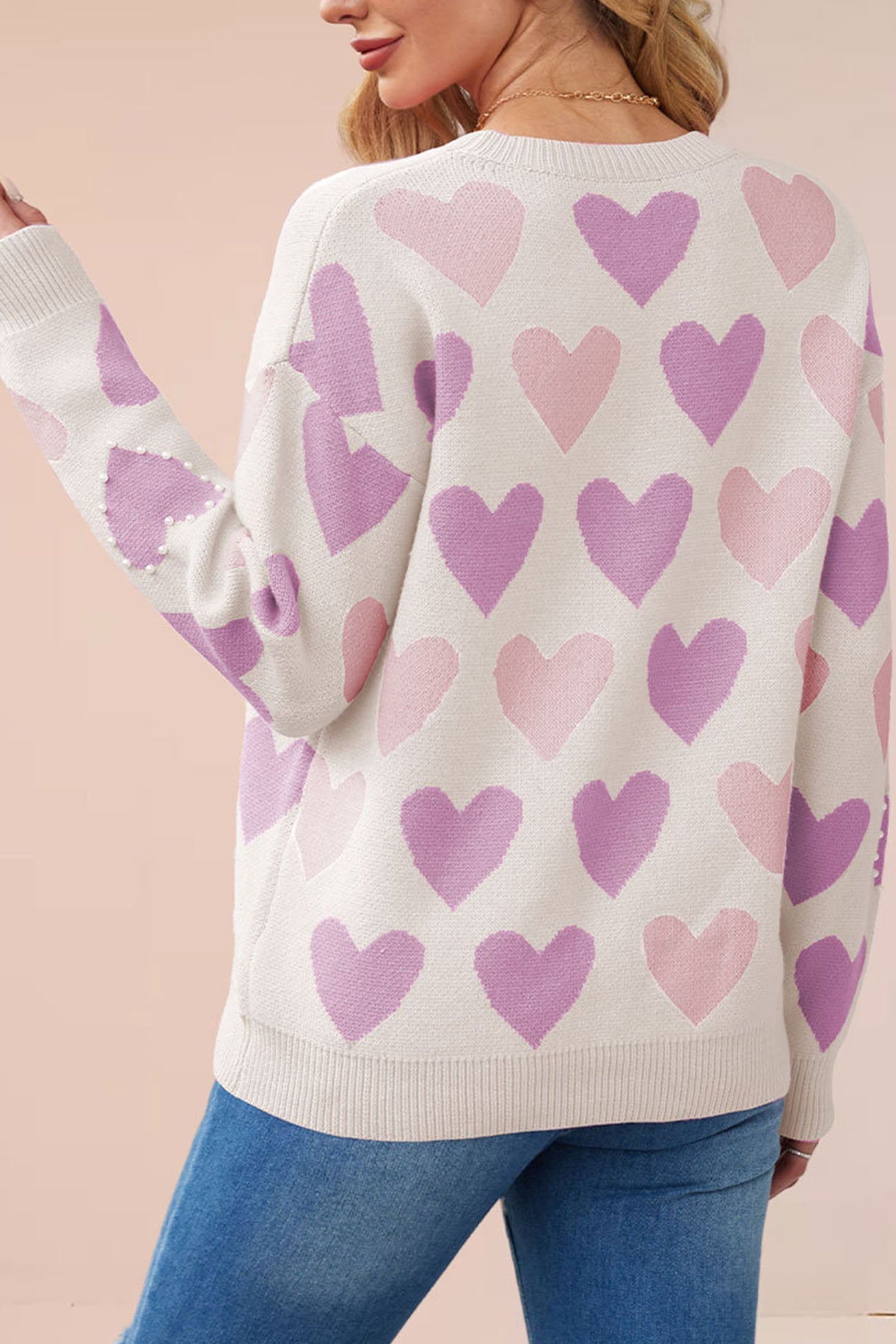 Ana® | Crew Neck Beaded Heart Pullover Knit Sweater