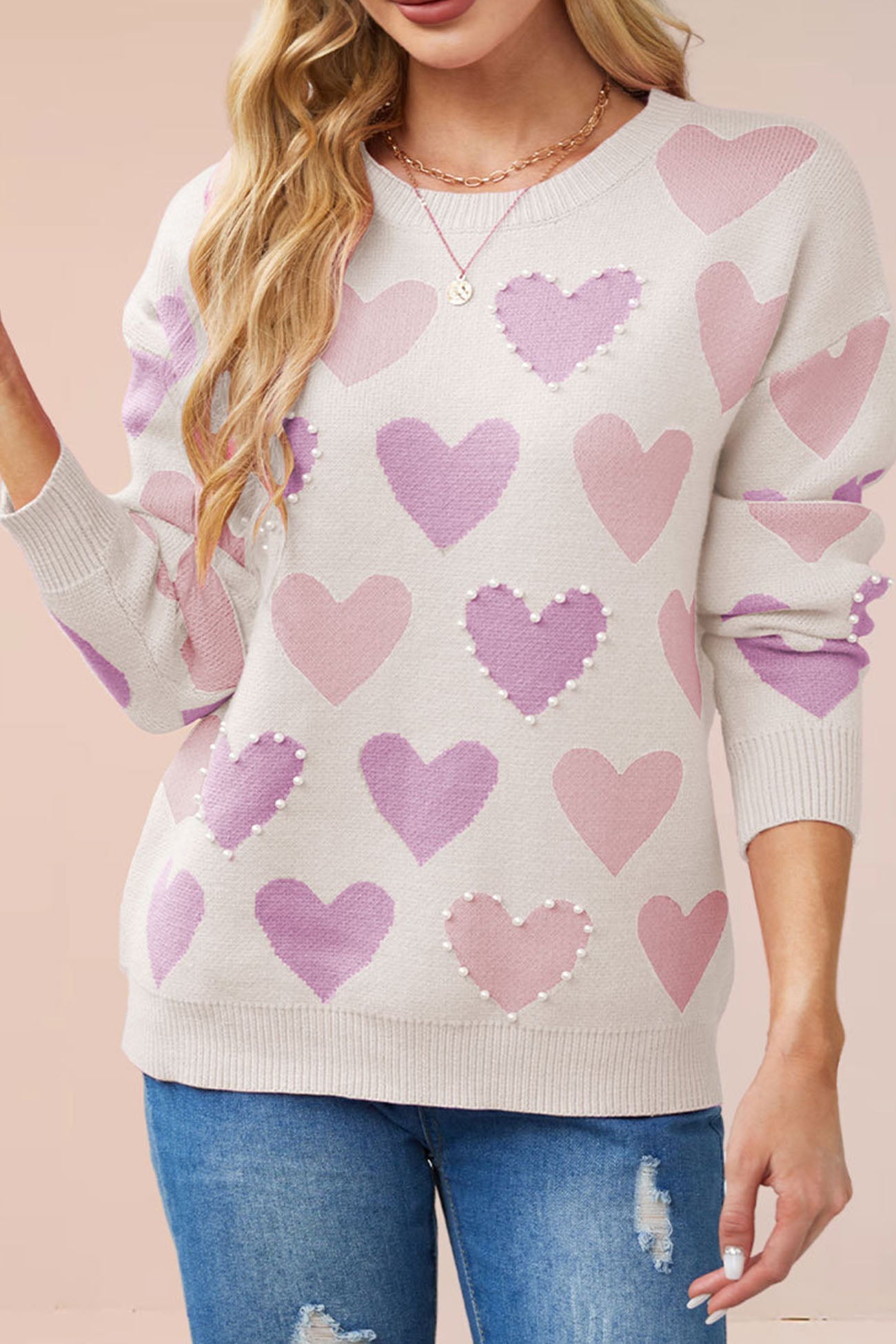 Ana® | Crew Neck Beaded Heart Pullover Knit Sweater