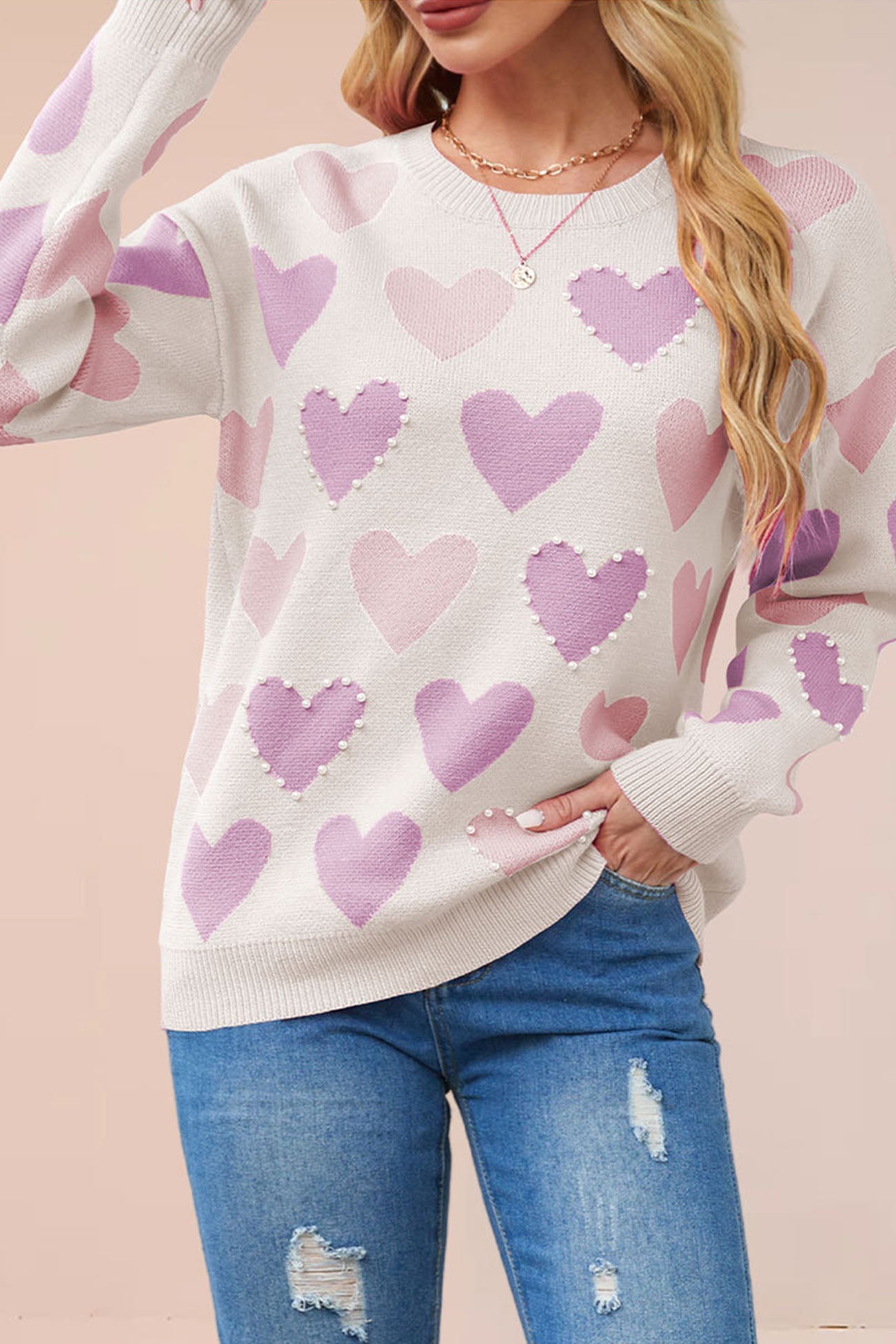 Ana® | Crew Neck Beaded Heart Pullover Knit Sweater