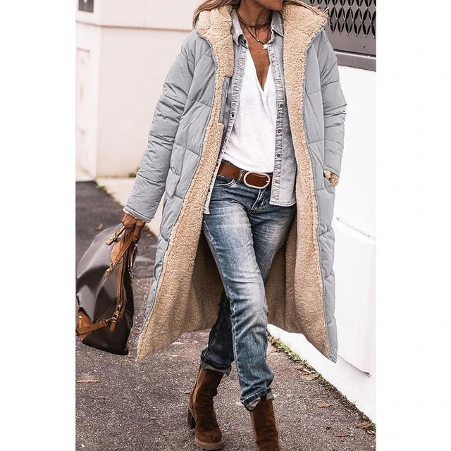 Women’s Long Coat – Reversible Quilted – Sherpa Lined – Oversized Fit – Full Length
