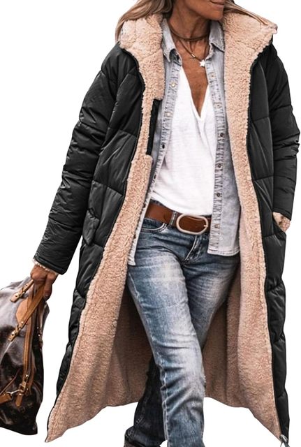 Women’s Long Coat – Reversible Quilted – Sherpa Lined – Oversized Fit – Full Length