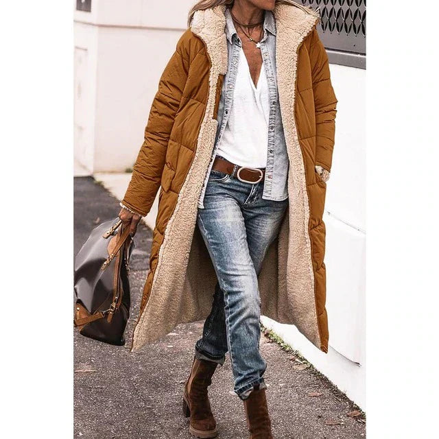Women’s Long Coat – Reversible Quilted – Sherpa Lined – Oversized Fit – Full Length