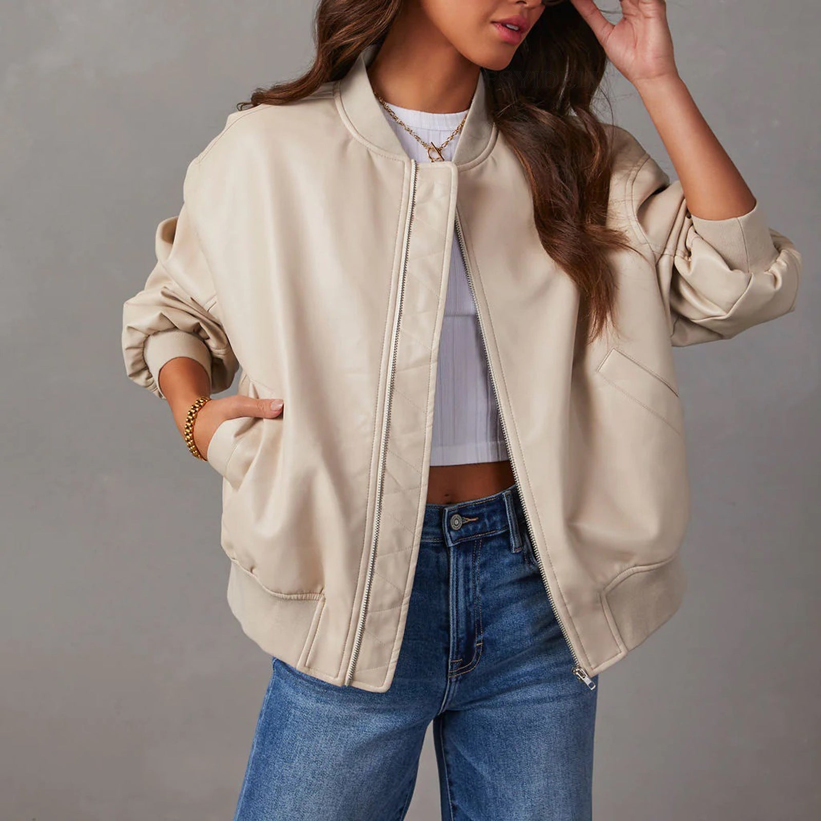 Women’s Bomber Jacket – Leather Look – Relaxed Fit – Ribbed Hem – Zip Closure