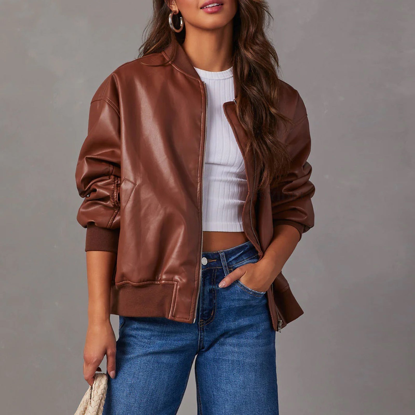 Women’s Bomber Jacket – Leather Look – Relaxed Fit – Ribbed Hem – Zip Closure