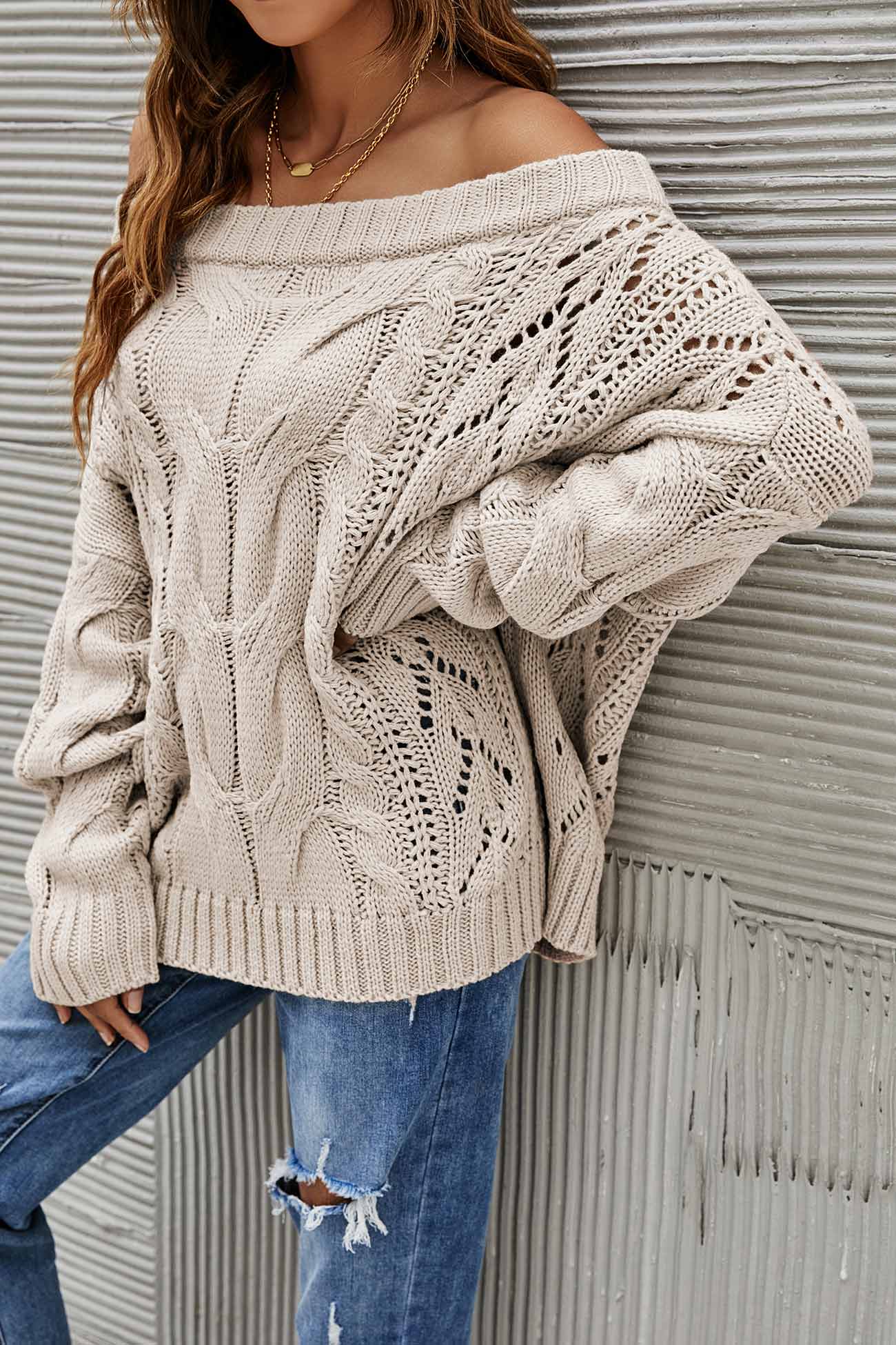 Begoña® | Drop Shoulder Hollow Out Cable Knit Sweater
