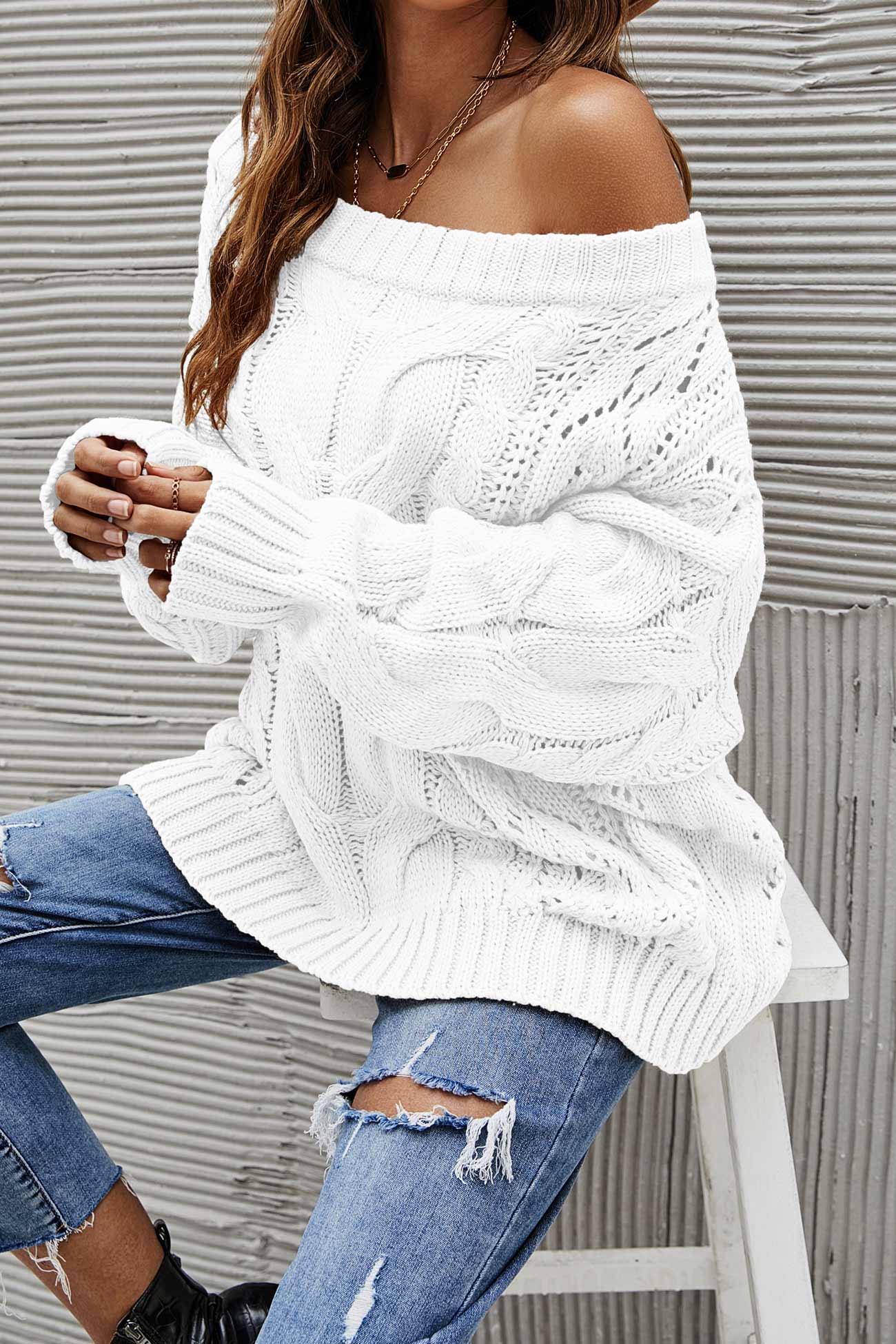 Begoña® | Drop Shoulder Hollow Out Cable Knit Sweater