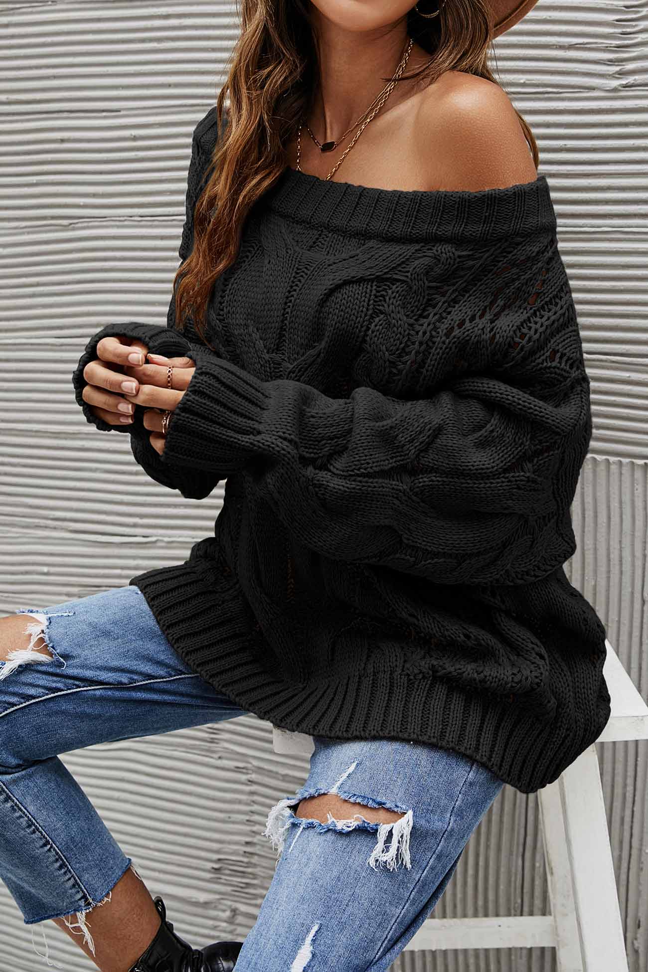 Begoña® | Drop Shoulder Hollow Out Cable Knit Sweater
