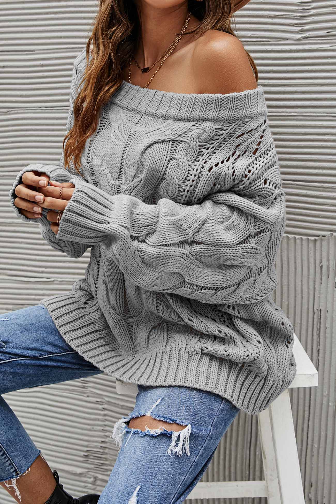 Begoña® | Drop Shoulder Hollow Out Cable Knit Sweater