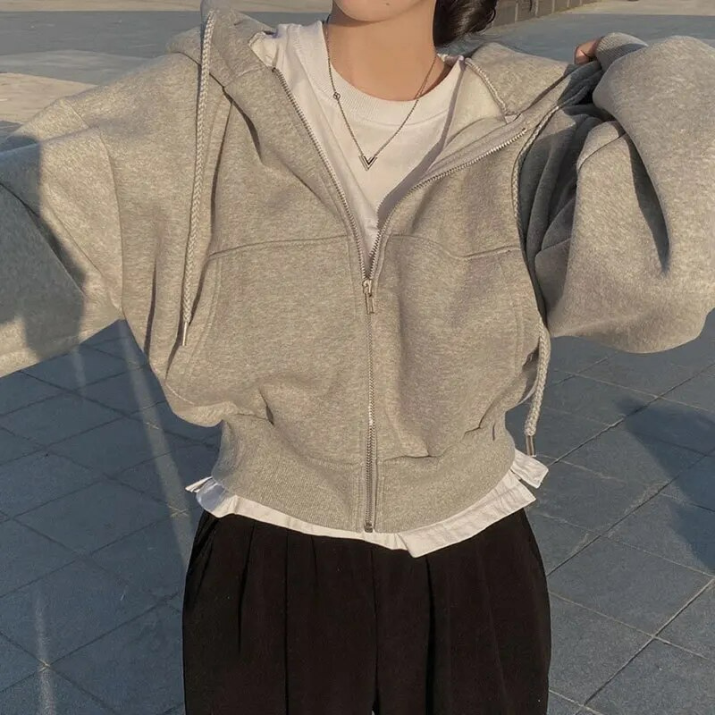 Women’s Hooded Jacket – Oversized Fit – Plush Texture – Cropped Length – Zip Front