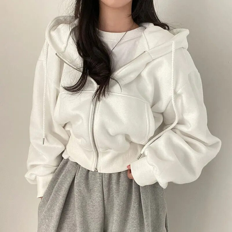 Women’s Hooded Jacket – Oversized Fit – Plush Texture – Cropped Length – Zip Front