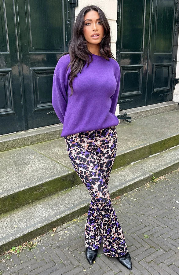 Cassia® | Purple leopard print flared trousers for women