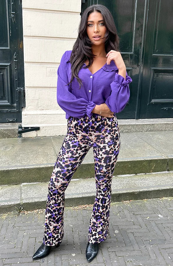 Cassia® | Purple leopard print flared trousers for women