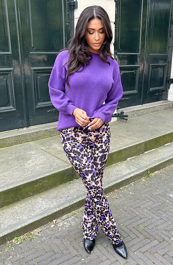 Cassia® | Purple leopard print flared trousers for women