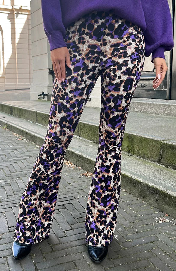 Cassia® | Purple leopard print flared trousers for women