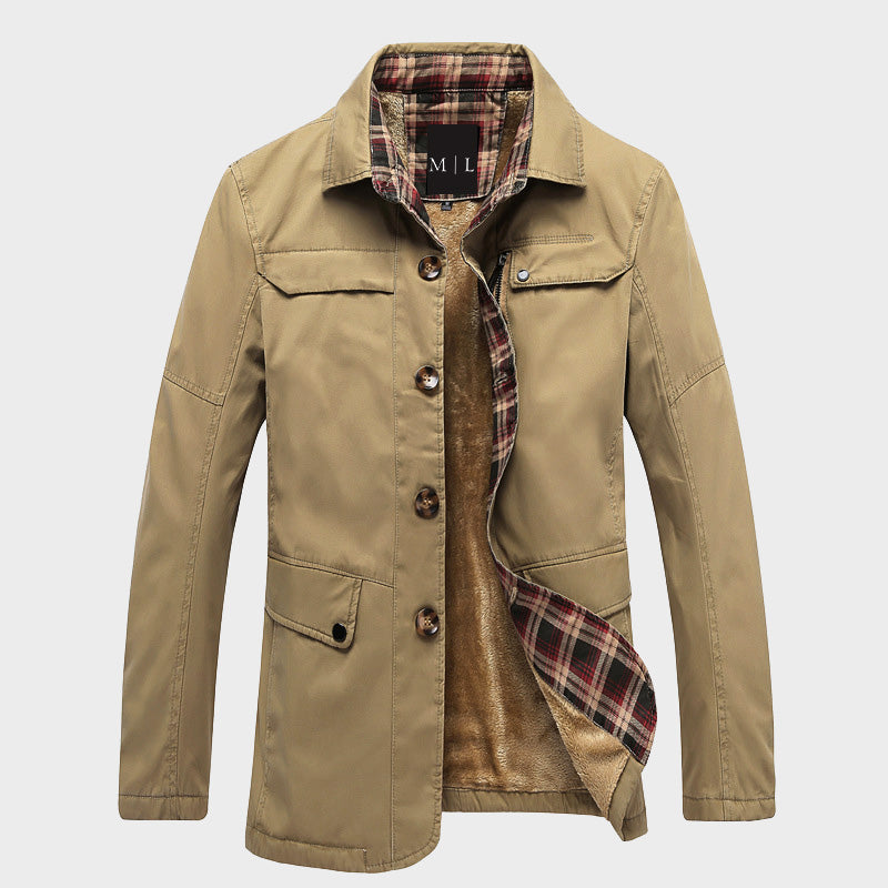 Men’s Mid-Length Jacket – Regular Fit – Fleece Lined – Button Front – Flap Pockets