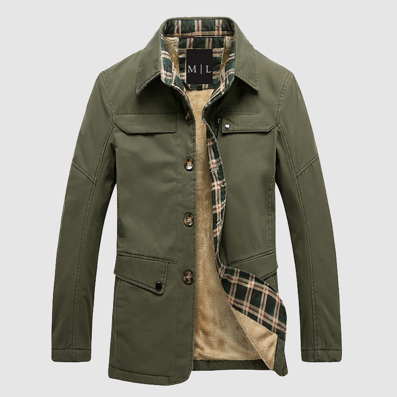 Men’s Mid-Length Jacket – Regular Fit – Fleece Lined – Button Front – Flap Pockets