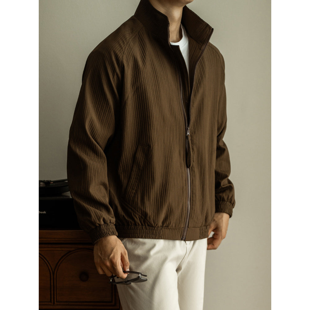 Men’s Jacket – Relaxed Fit – Ribbed Texture – Stand Collar – Zip Front – Casual Style