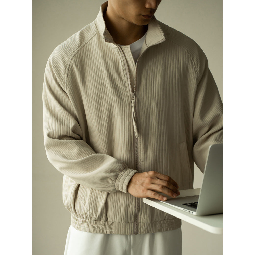 Men’s Jacket – Relaxed Fit – Ribbed Texture – Stand Collar – Zip Front – Casual Style