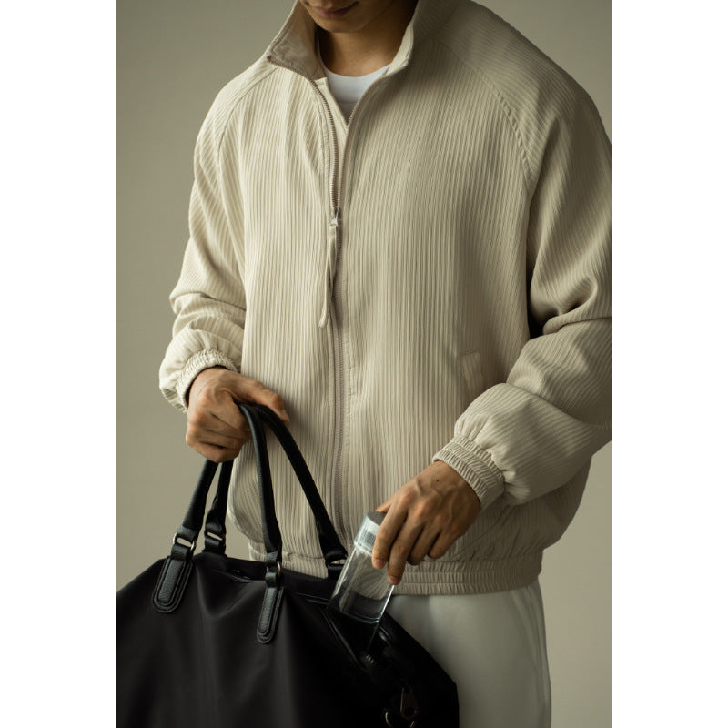 Men’s Jacket – Relaxed Fit – Ribbed Texture – Stand Collar – Zip Front – Casual Style