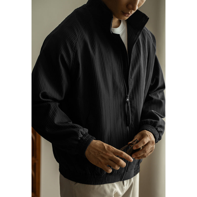 Men’s Jacket – Relaxed Fit – Ribbed Texture – Stand Collar – Zip Front – Casual Style