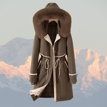 Women’s Parka Jacket – Quilted Lining – Faux Fur Hood – Adjustable Waist – Zip Closure
