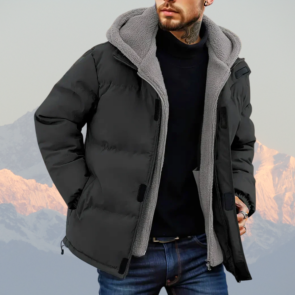 Men’s Fleece-Lined Winter Jacket – Insulated Puffer Coat with Hood, Water-Resistant