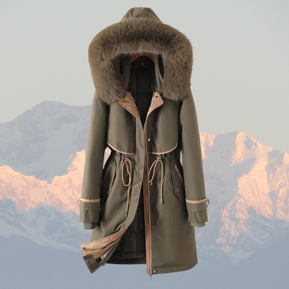 Women’s Parka Jacket – Quilted Lining – Faux Fur Hood – Adjustable Waist – Zip Closure