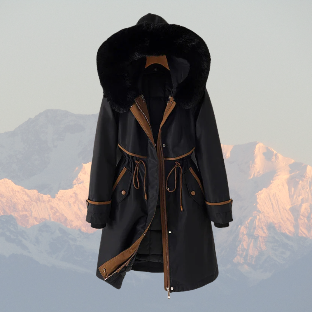 Women’s Parka Jacket – Quilted Lining – Faux Fur Hood – Adjustable Waist – Zip Closure