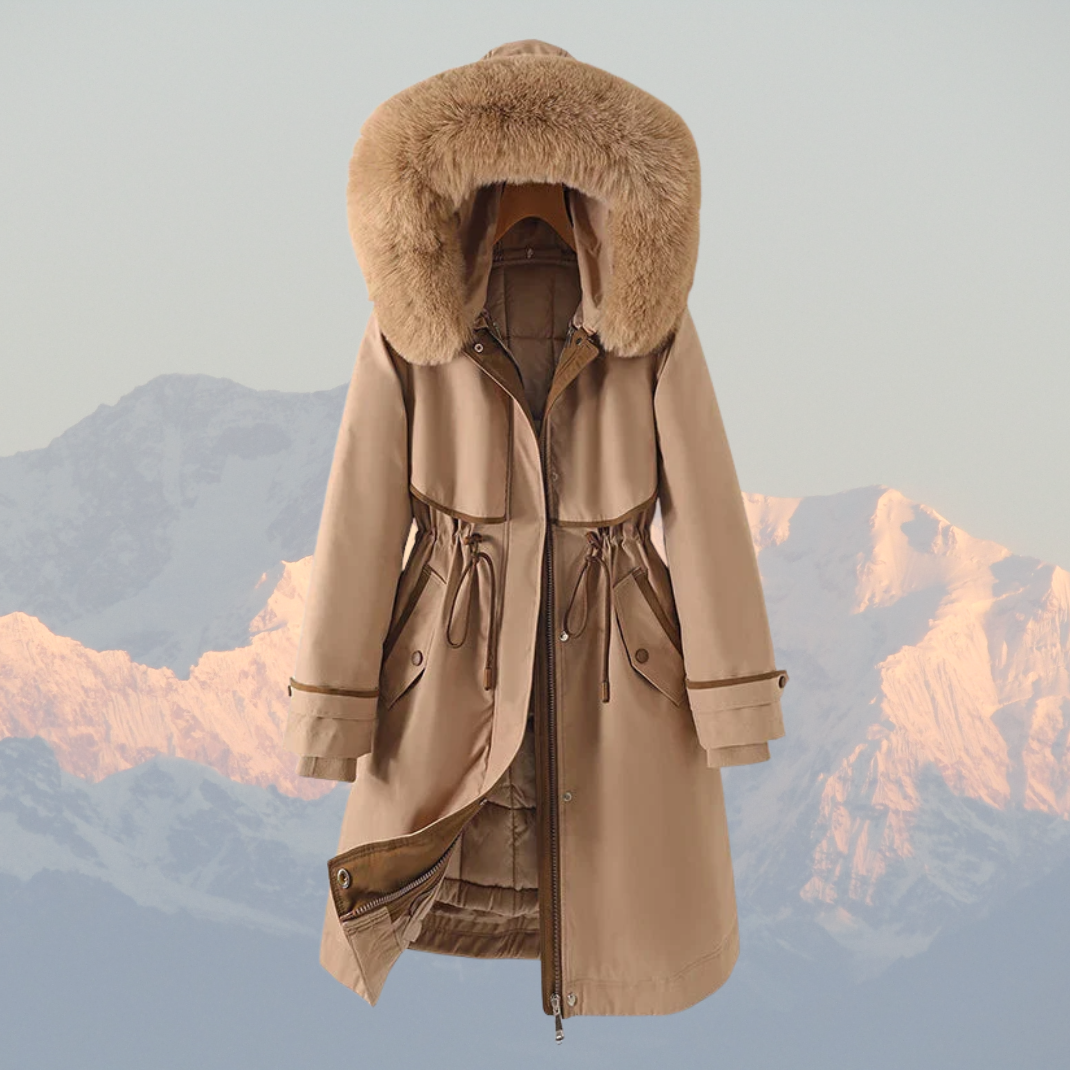 Women’s Parka Jacket – Quilted Lining – Faux Fur Hood – Adjustable Waist – Zip Closure