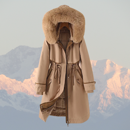 Women’s Parka Jacket – Quilted Lining – Faux Fur Hood – Adjustable Waist – Zip Closure