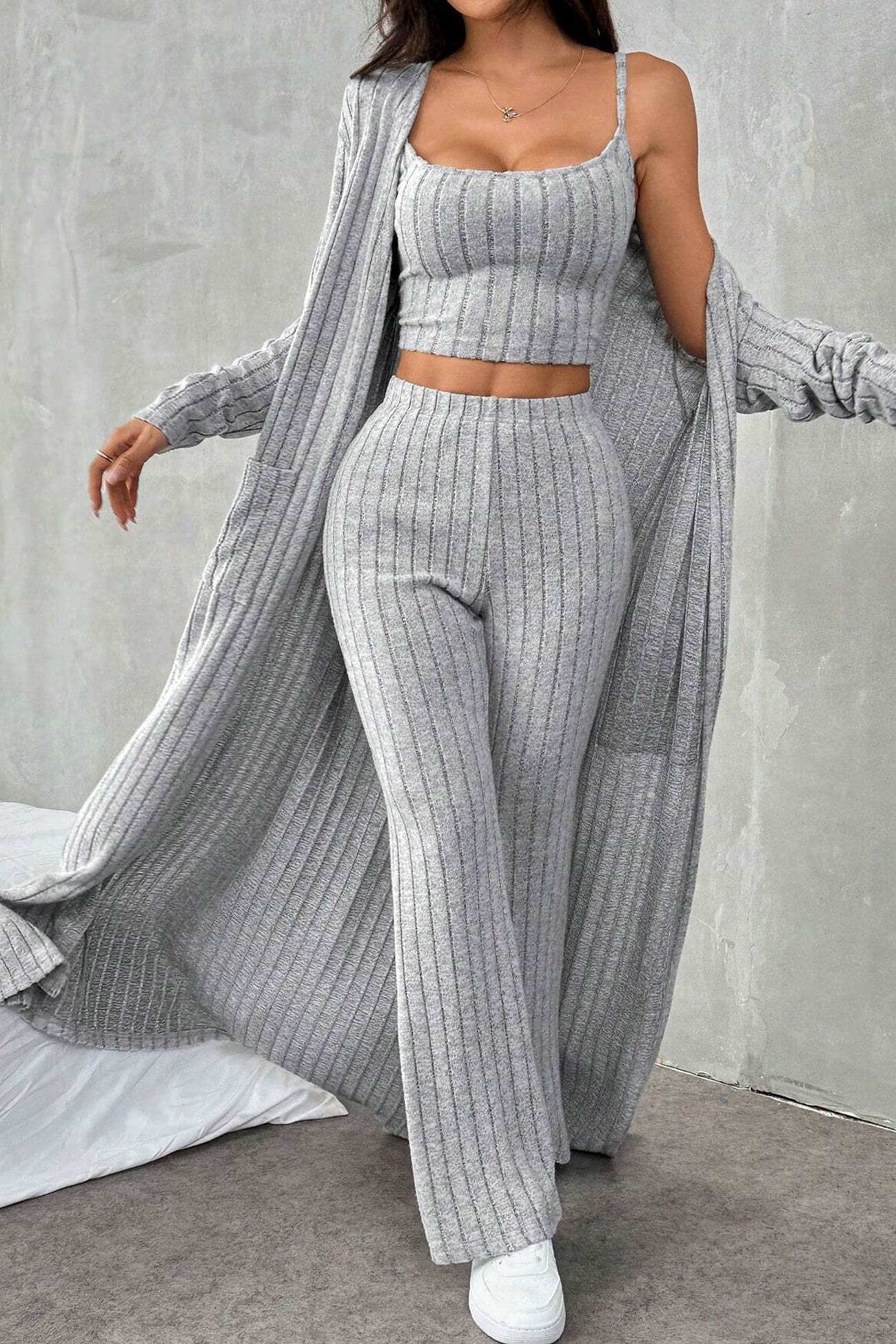 Dagny® | Three-piece set of gray rib-knit cardigan