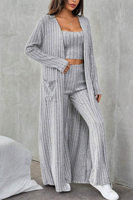 Dagny® | Three-piece set of gray rib-knit cardigan