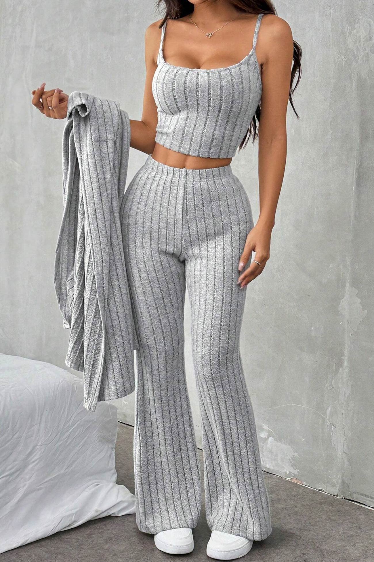 Dagny® | Three-piece set of gray rib-knit cardigan
